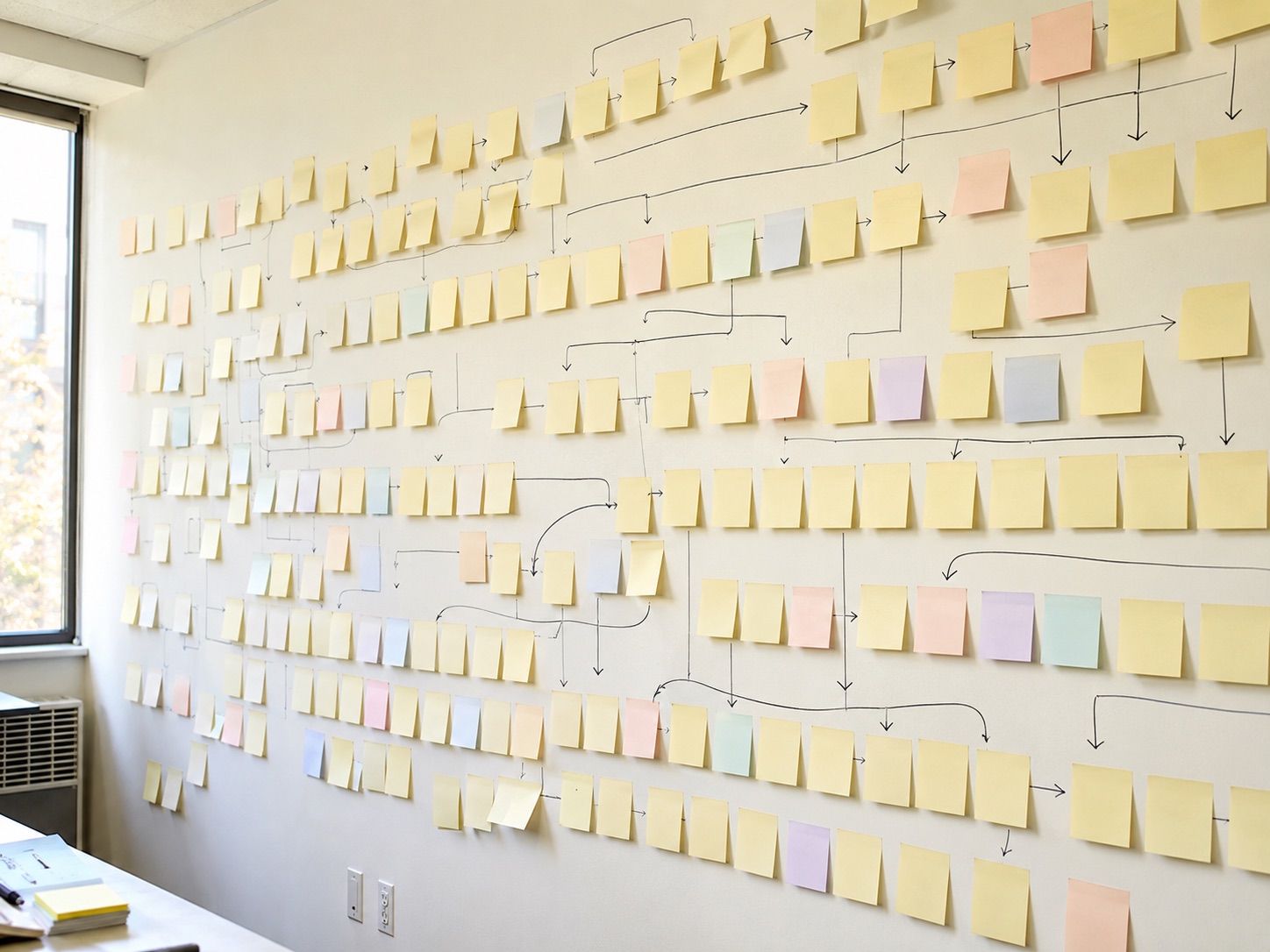 A value stream map built from hundreds of sticky notes and marker arrows on an office wall
